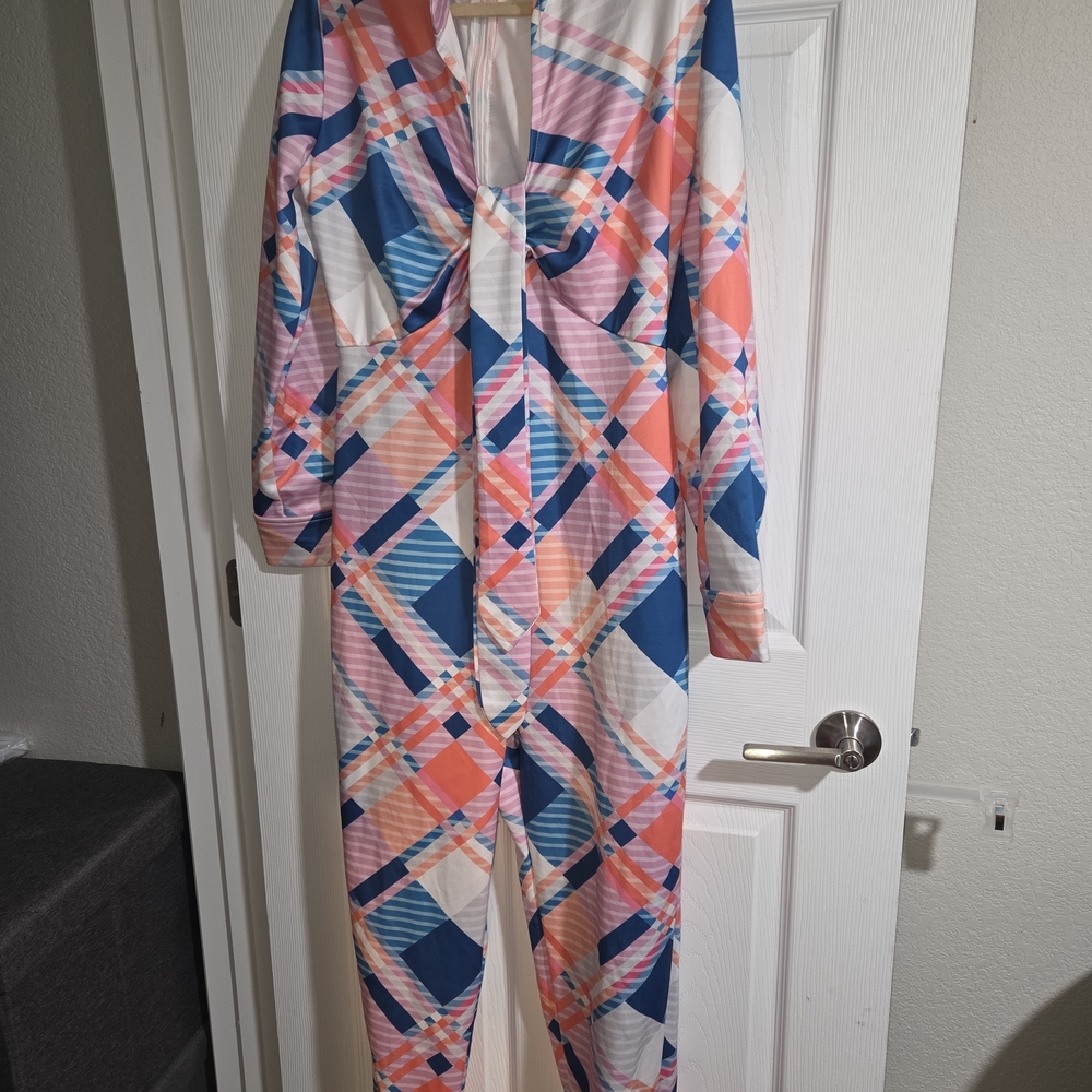 Thick Fabric Collar Zip Up Colorful Plaid Jumpsuit Size L